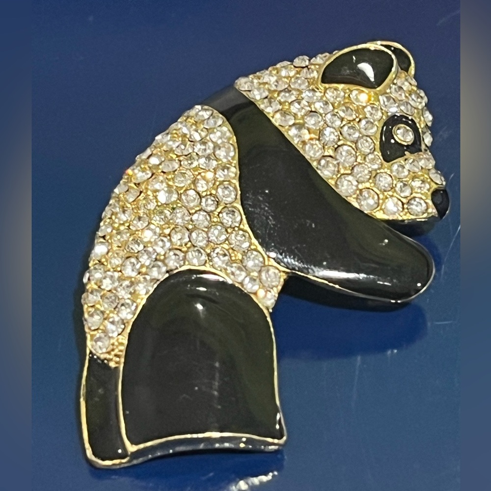 Rhinestone Jeweled Panda Bear Brooch Black Enamel White Gold Pin Costume Jewelry